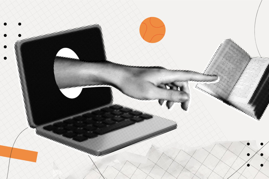 Collage. Laptop und Hand, die auf ein Buch zeigt